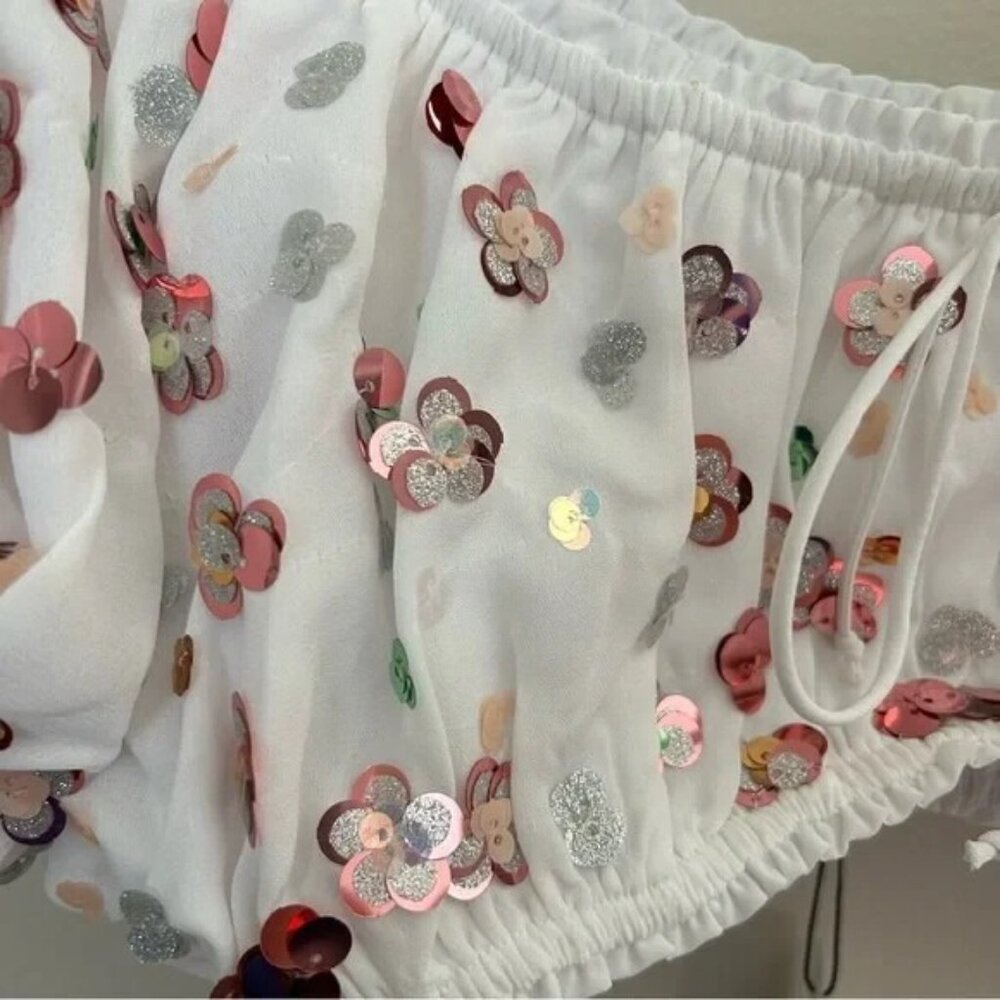 For Love & Lemons Crop Top Cold Hearted Short Sleeve Sequin Flower White Pink - Picture 5 of 15
